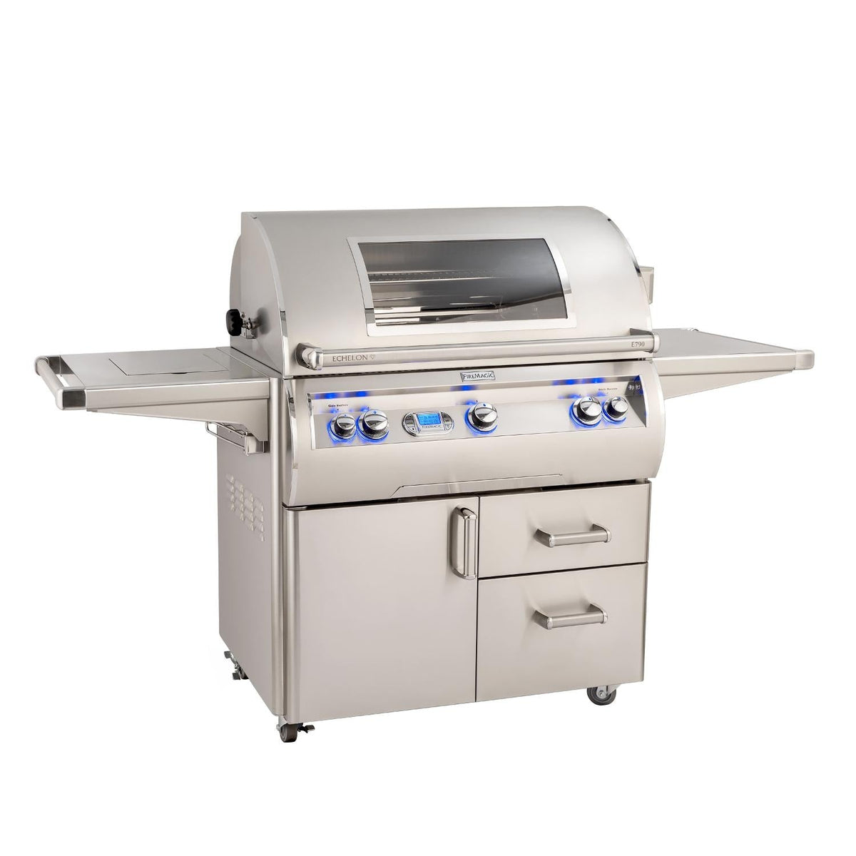 Stainless steel freestanding propane gas grill with side shelves and control knobs