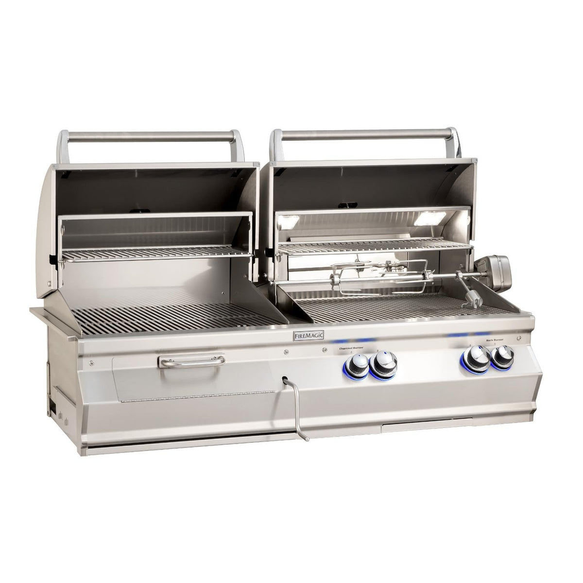 Stainless steel built-in combo grill open with two cooking compartments