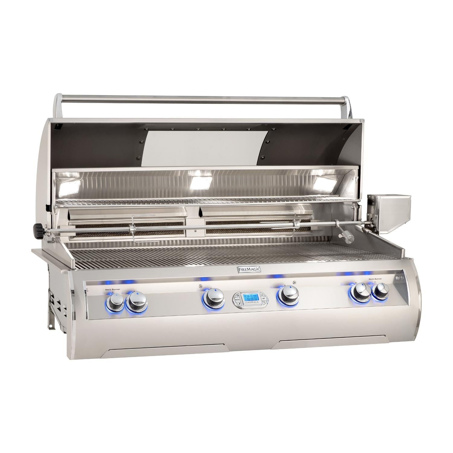 Stainless steel built-in propane gas grill with lid open and warming area visible