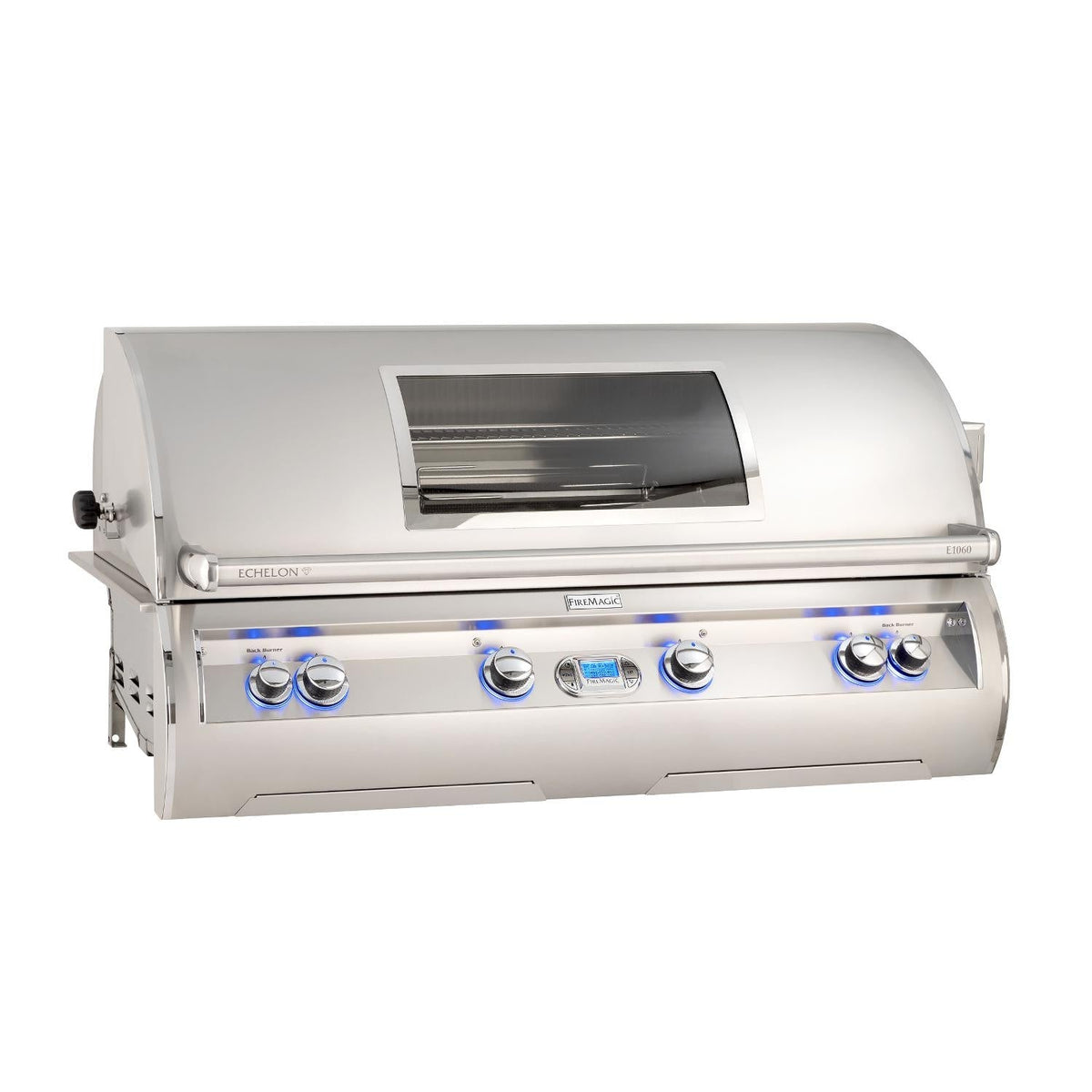 Stainless steel built-in gas grill with front control knobs and infrared housing