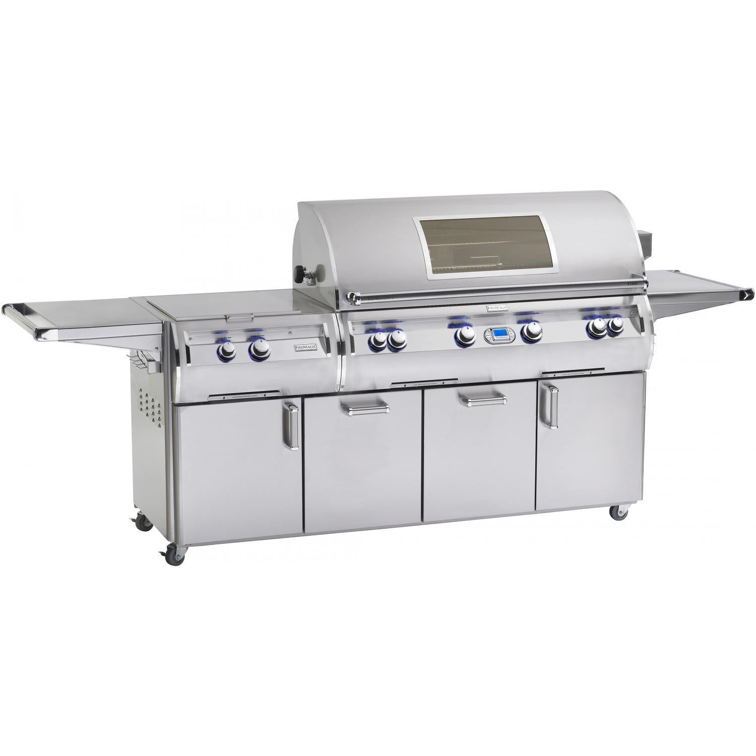 Freestanding stainless gas grill with side shelves, doors, and front control panel