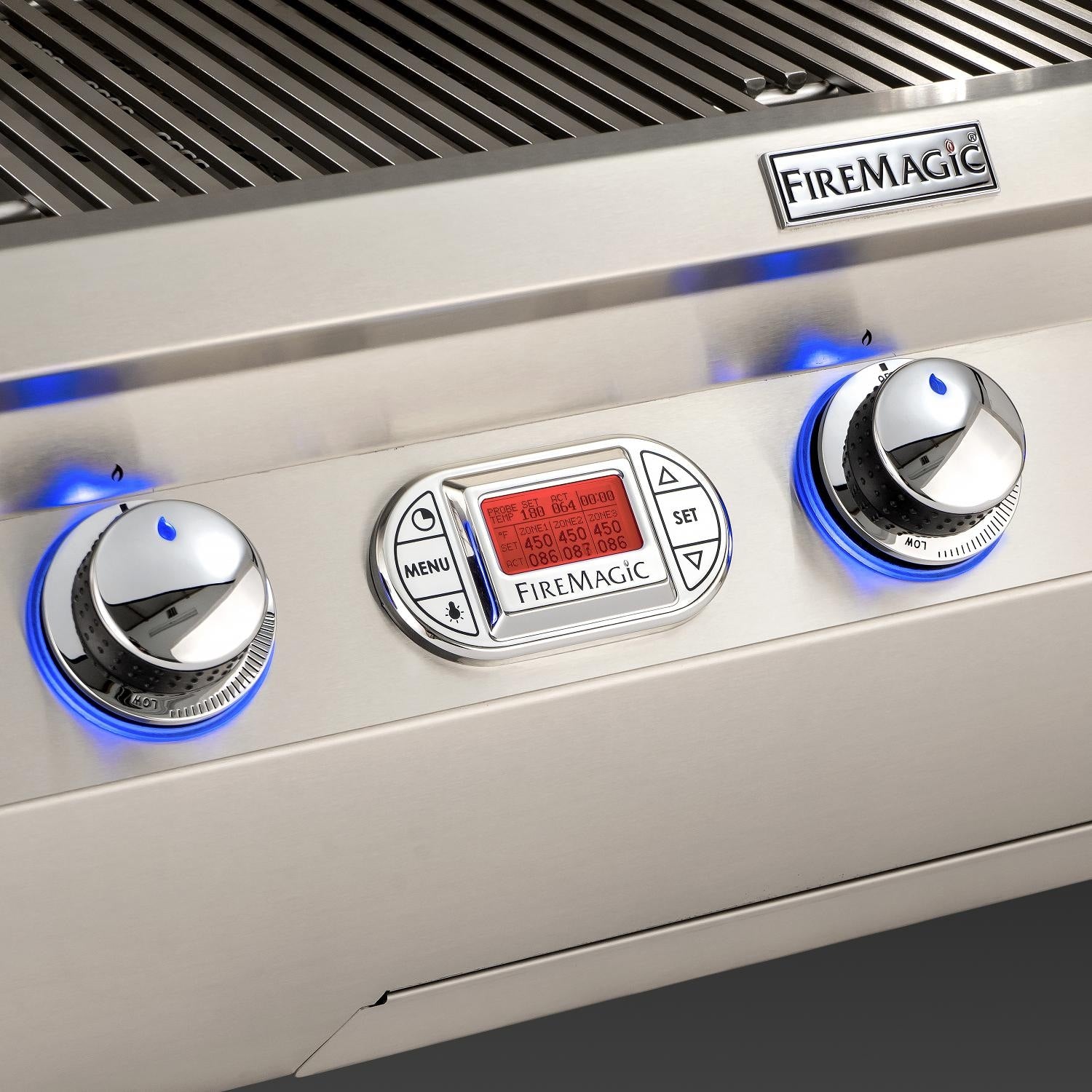 FireMagic stainless steel grill front controls with blue indicator lights