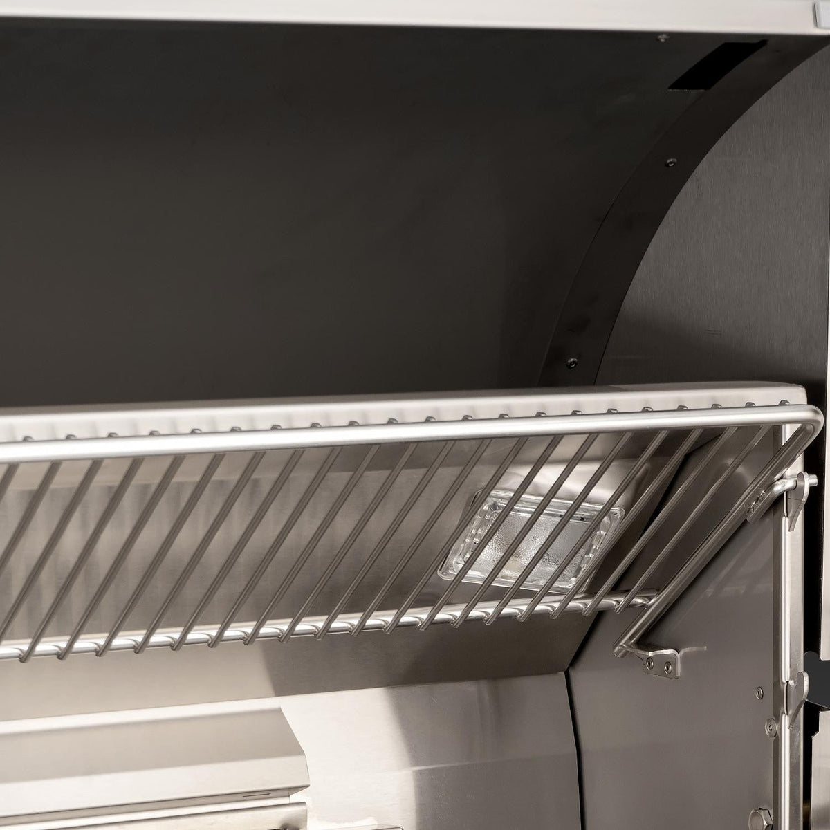 Stainless steel propane gas grill upper warming rack and side latch