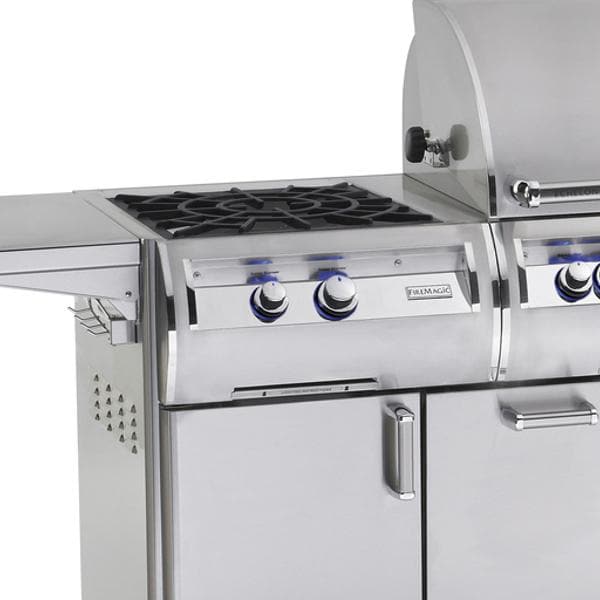 Stainless steel propane gas grill with black cooking grates and control knobs