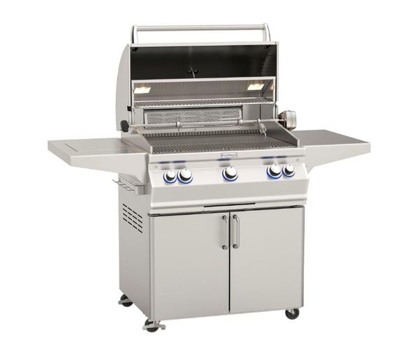 Stainless steel portable gas grill with open hood, cooking area, and front doors
