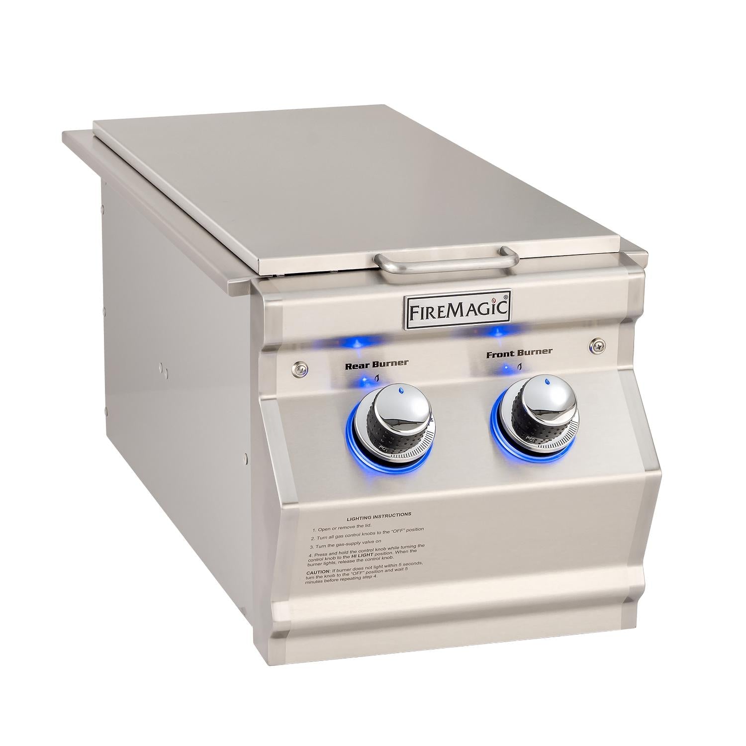 Fire Magic built-in natural gas double side burner, stainless front with two control knobs
