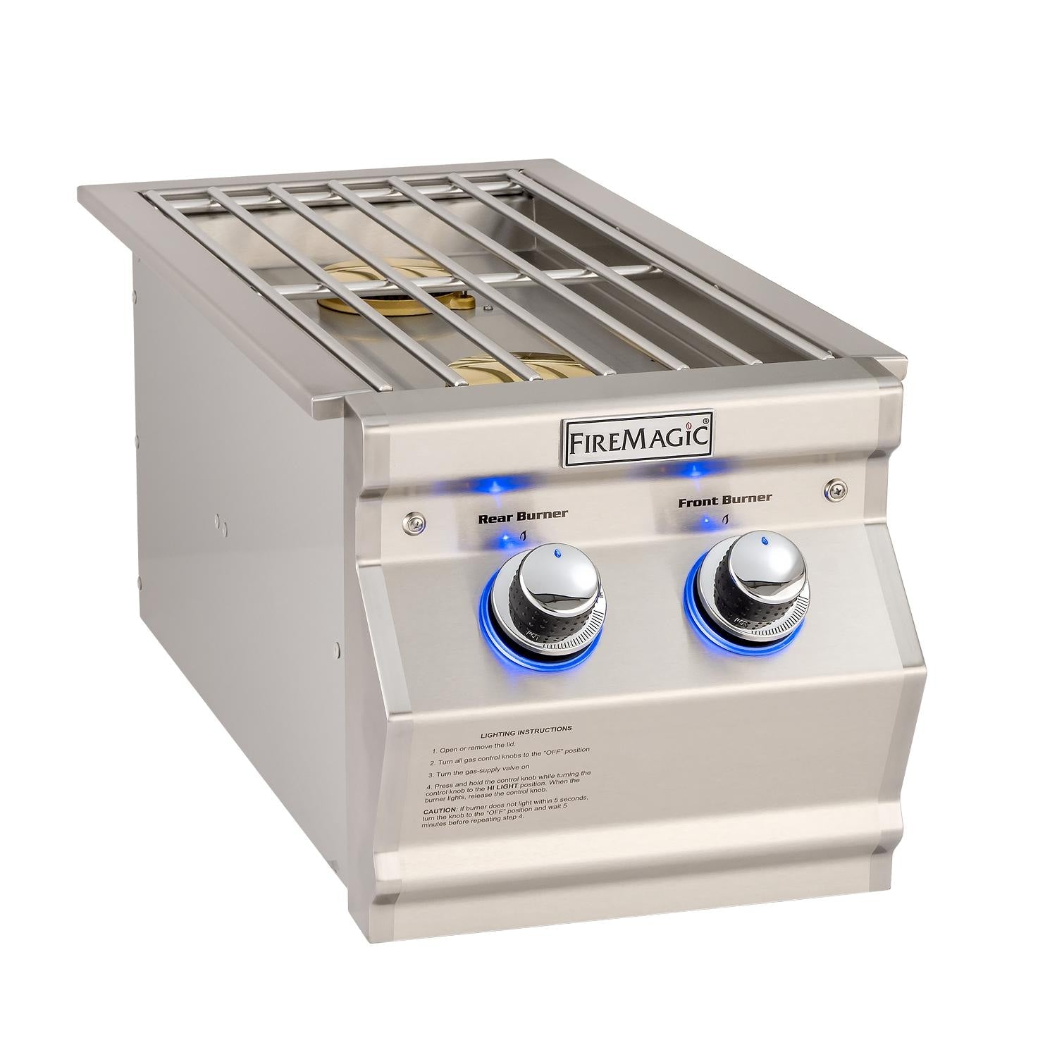 Fire Magic built-in natural gas double side burner with stainless grate top and two knobs