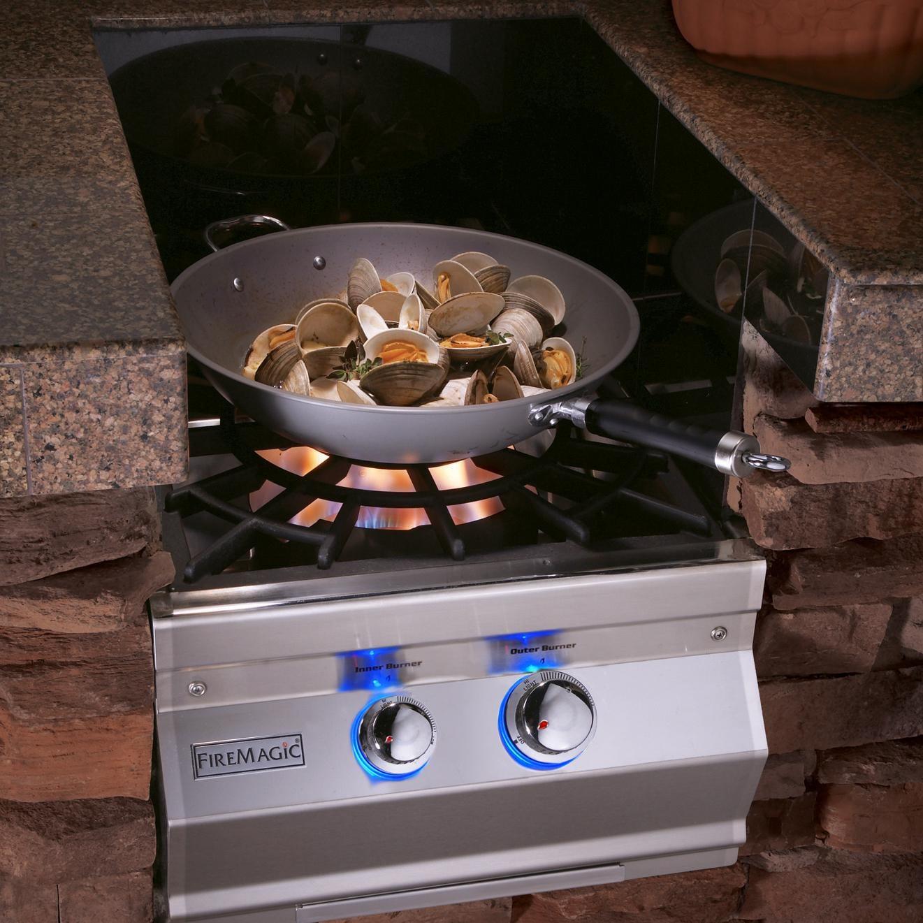 Stainless propane gas side burner with porcelain-coated cast iron grid and two control knobs