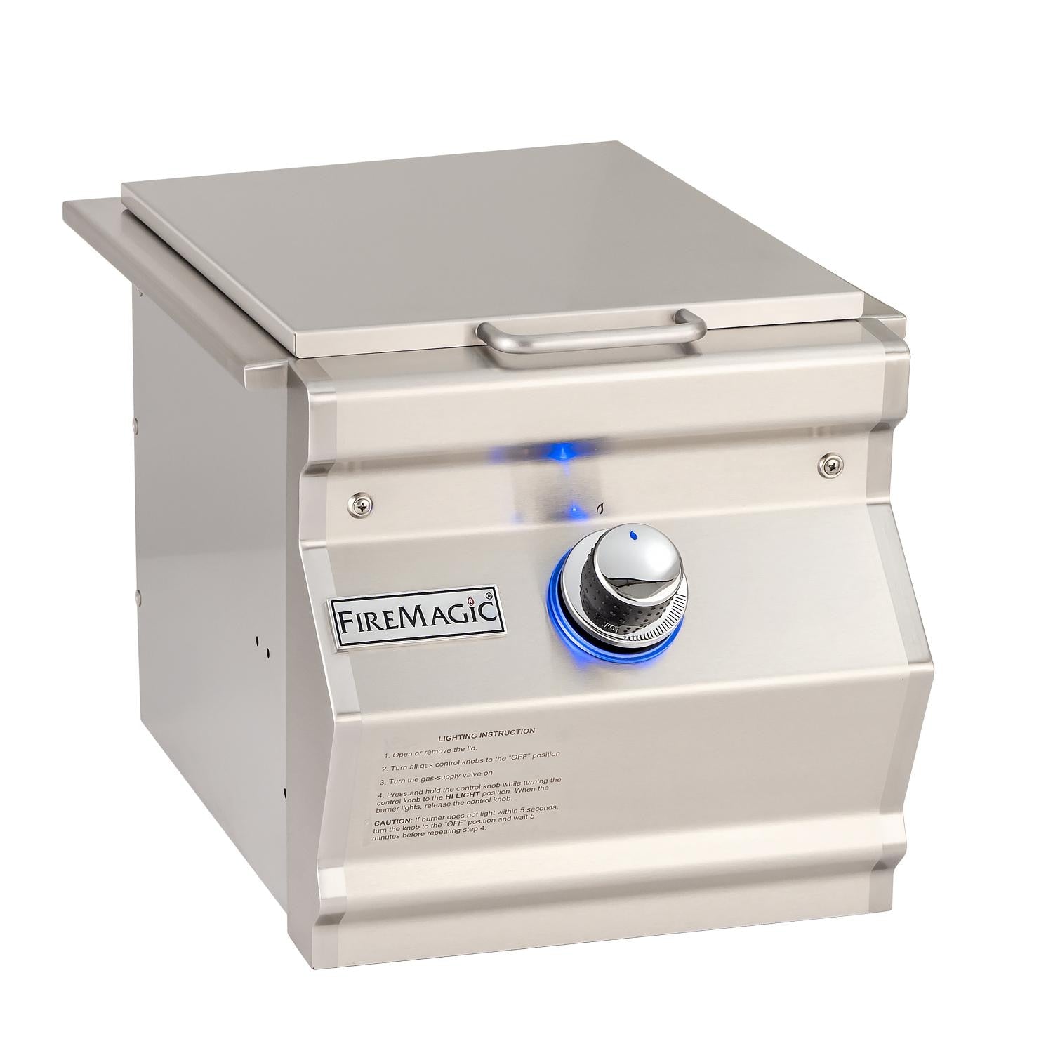 Fire Magic built-in propane single side burner with cover and stainless control knob