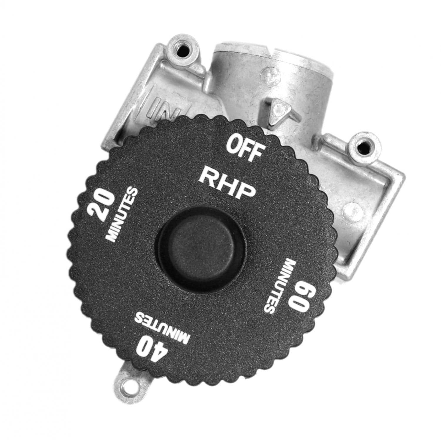 Gas safety shut-off timer valve with black dial marked OFF, RHP, and 20 minutes