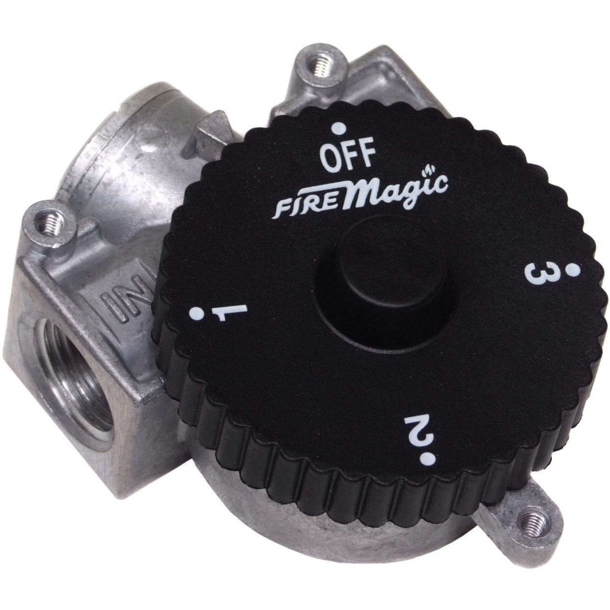 Fire Magic automatic gas shut-off timer valve with black dial marked OFF and 1–3