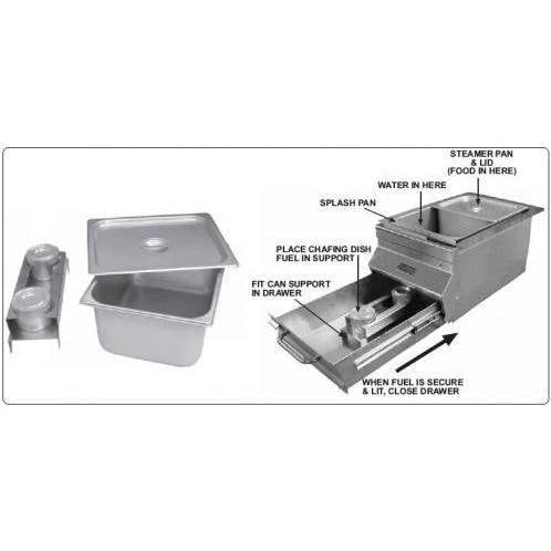 Stainless steel bar caddy warming accessory with hinged top insert and drawer