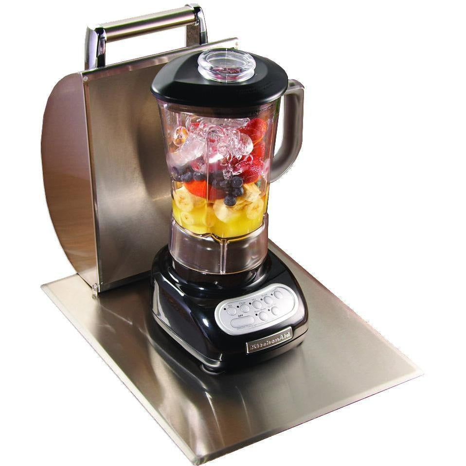 Built-in blender with stainless base, black base controls, and clear glass jar