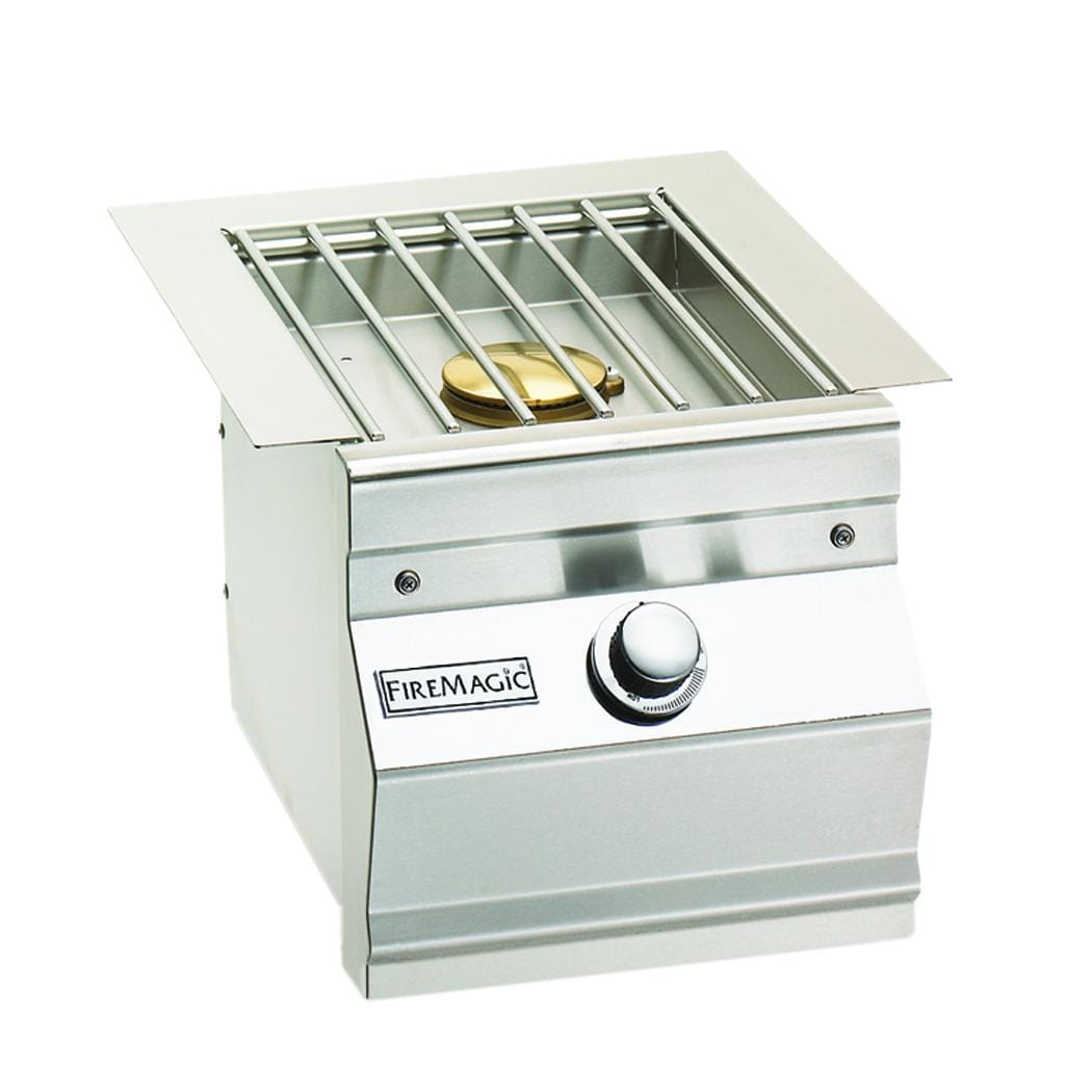 Stainless built-in natural gas side burner with open lid, grate, and FireMagic knob