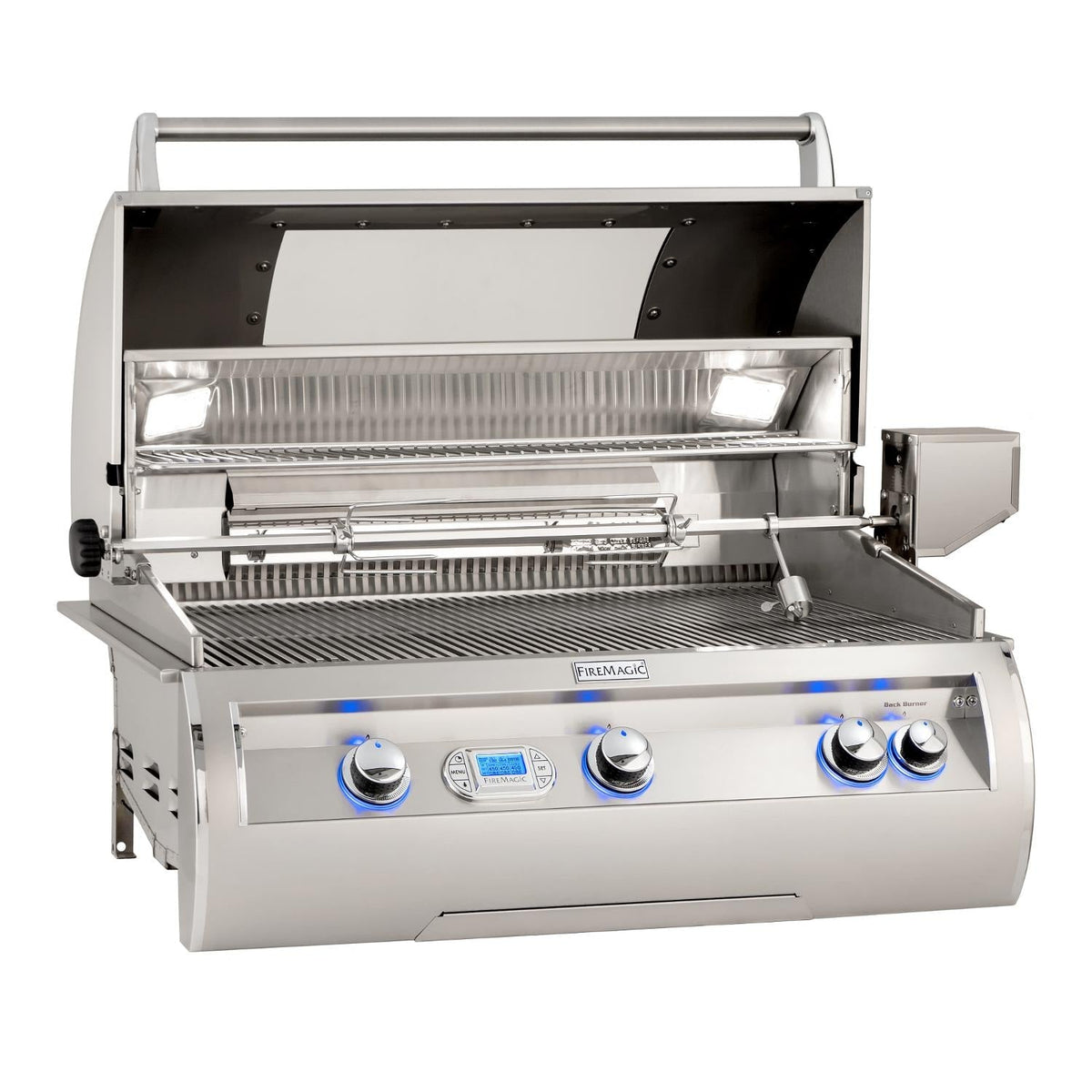 Propane gas grill with lid open, stainless burner area, and control knobs