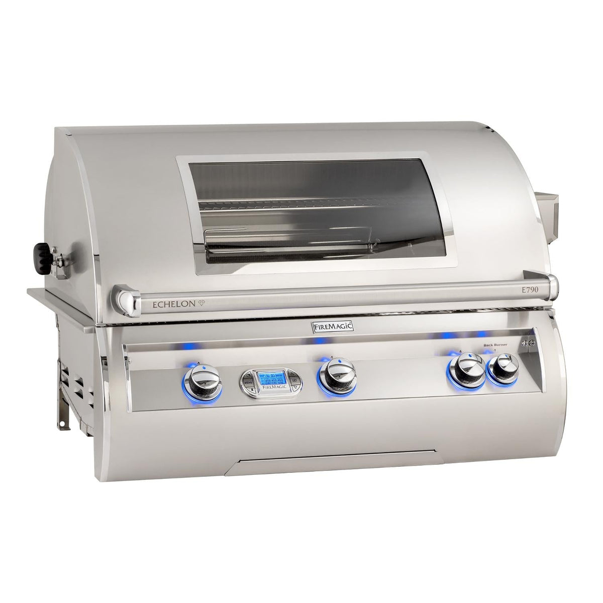 Stainless propane gas grill with glass viewing window and front control knobs