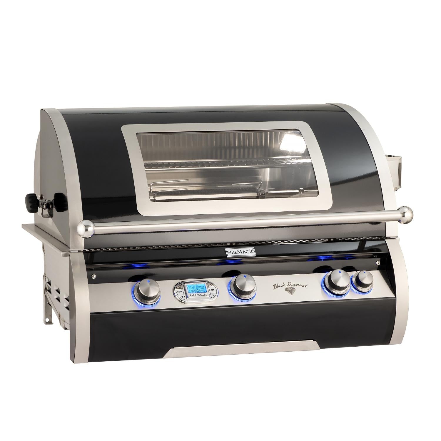Stainless and black propane gas grill with open infrared window and front control panel