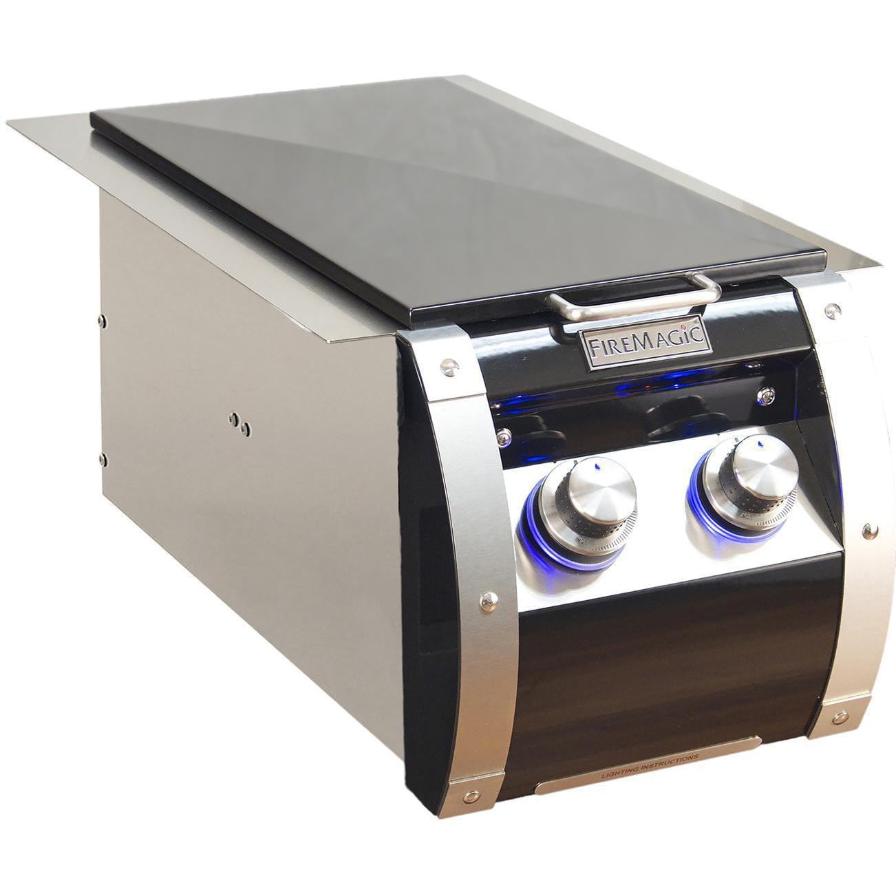 Open lid propane side burner with two blue knobs, stainless and black housing