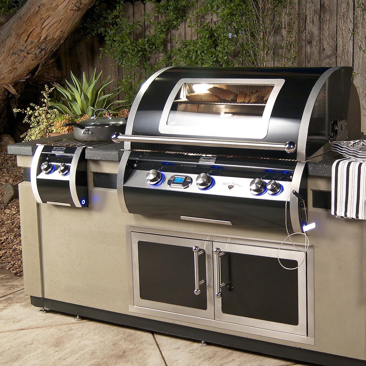Built-in double propane side burner grill, black finish with stainless trim