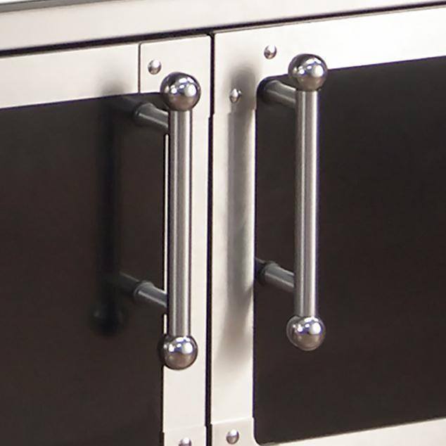 Close-up of stainless double access doors with black panels and pull handles