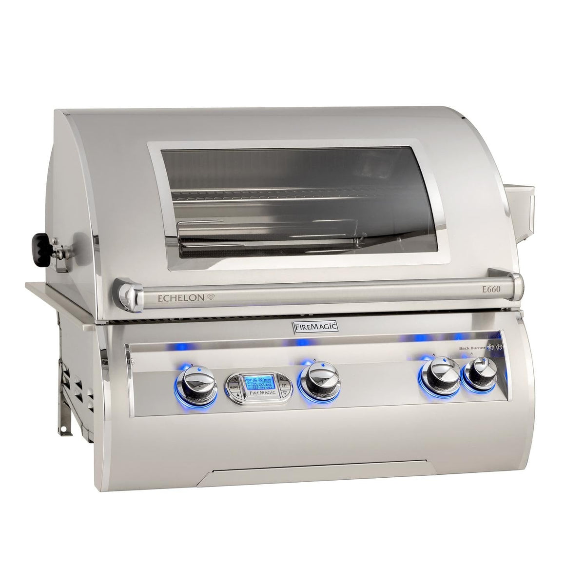 Stainless steel built-in propane grill with open lid and four control knobs