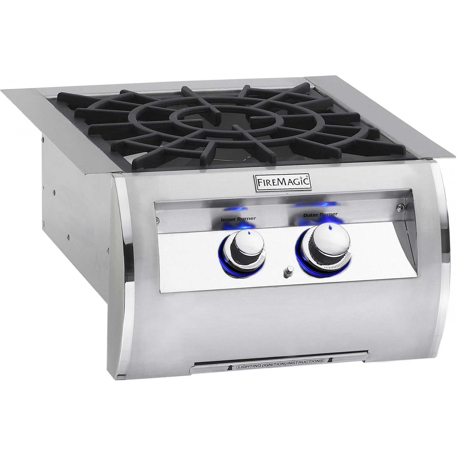 Fire Magic built-in natural gas burner with porcelain-coated cast iron grate and control knobs