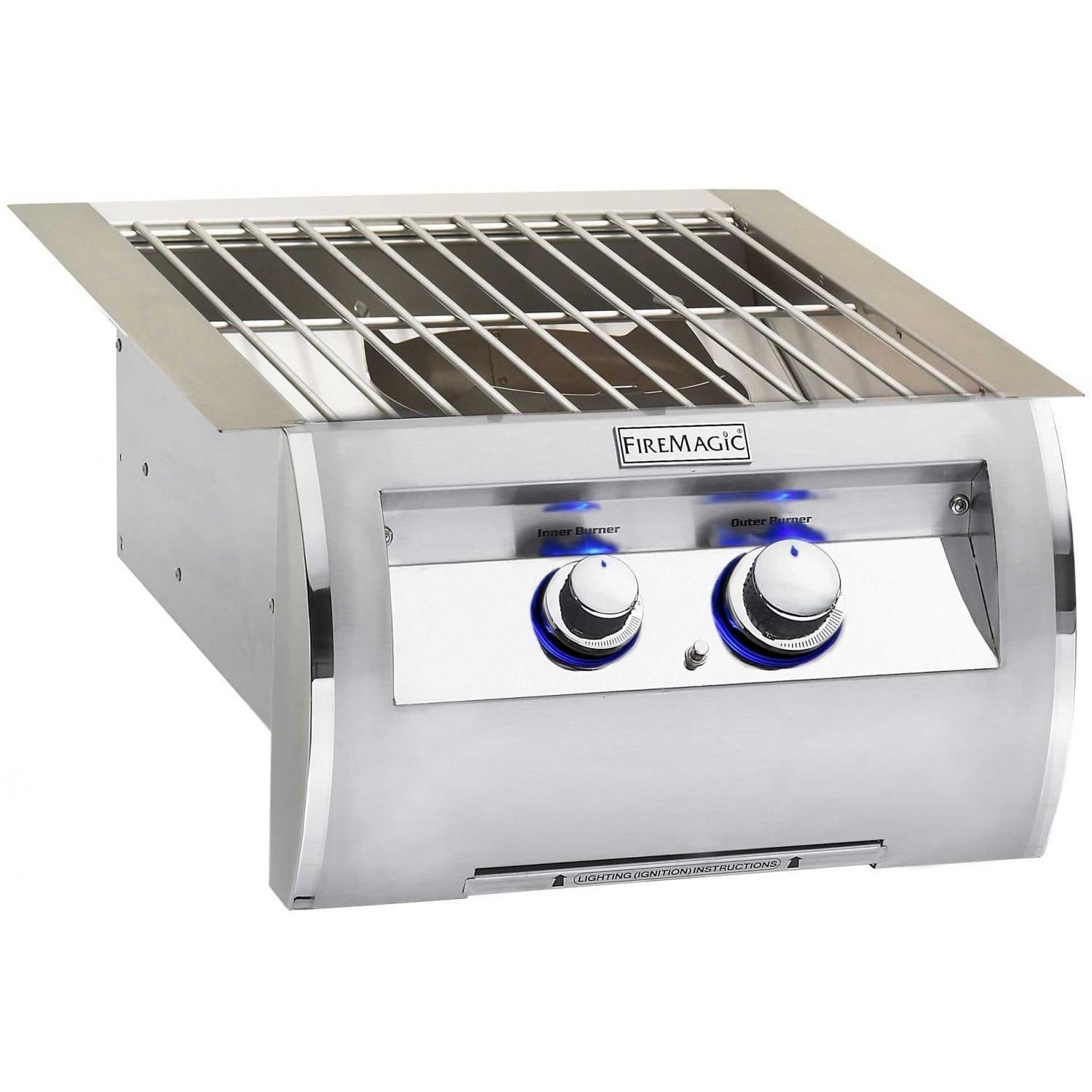 FireMagic stainless steel built-in propane power burner with grilling grid and 2 blue knobs