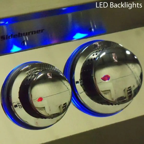 Gas grill control knobs with blue LED backlighting and analog temperature dials