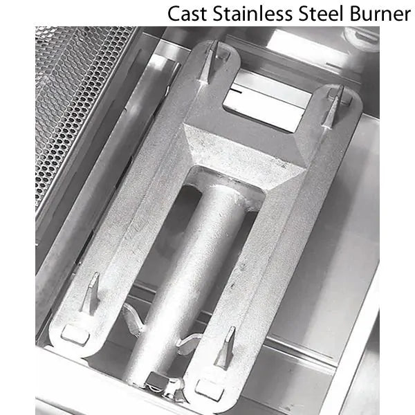 Cast stainless steel burner inside a gas grill firebox