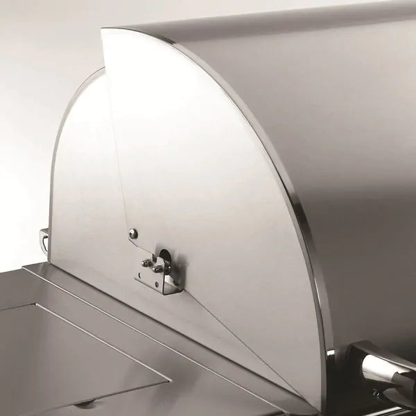 Built-in gas grill with raised curved side hood and control panel on stainless body