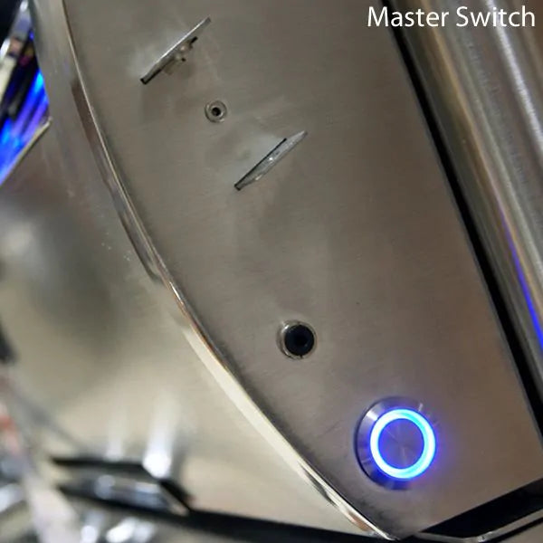 Gas grill master switch with glowing blue indicator light on stainless steel panel