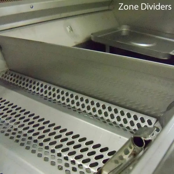 Stainless steel grill cooking grates with perforated warming zone rail