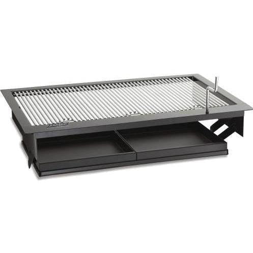 Small built-in charcoal grill with open stainless grate and black housing