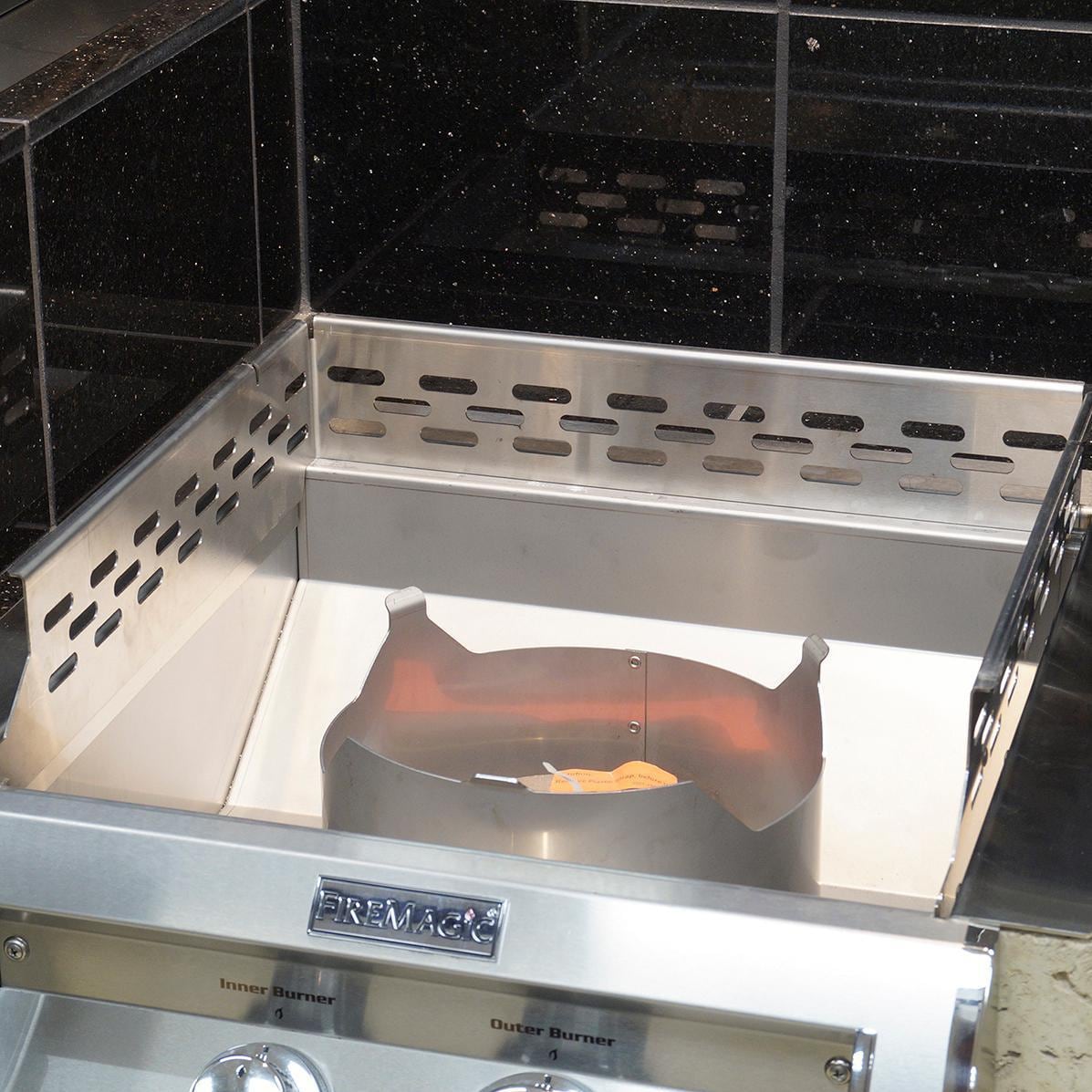Stainless steel griddle adapter tray with perforated burner base and side rails