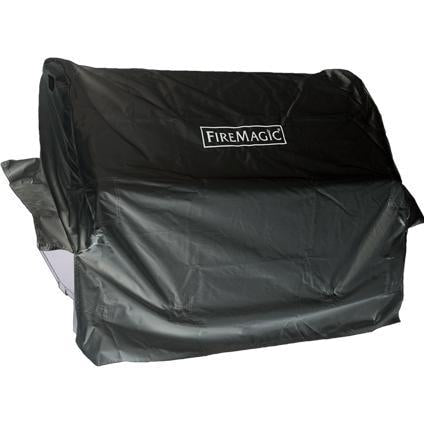 Dark gray FireMagic built-in gas grill cover with logo patch