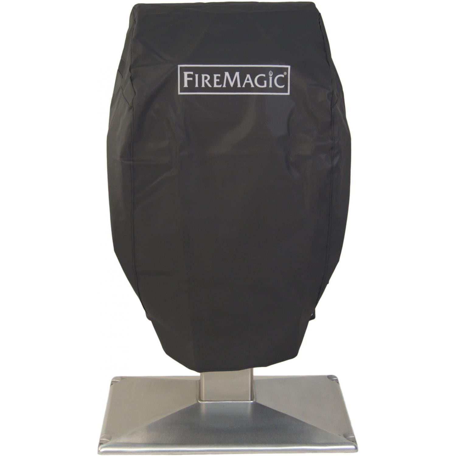 Black FireMagic grill cover for electric pedestal grill with logo on front.