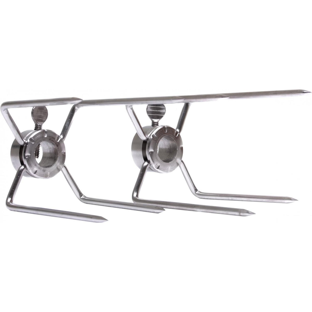 Stainless rotisserie meat forks with long frame, two hubs, and outward prongs