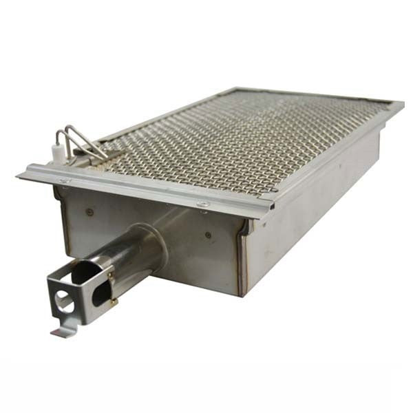 Infrared grill burner system side view with wire mesh grate and burner tube