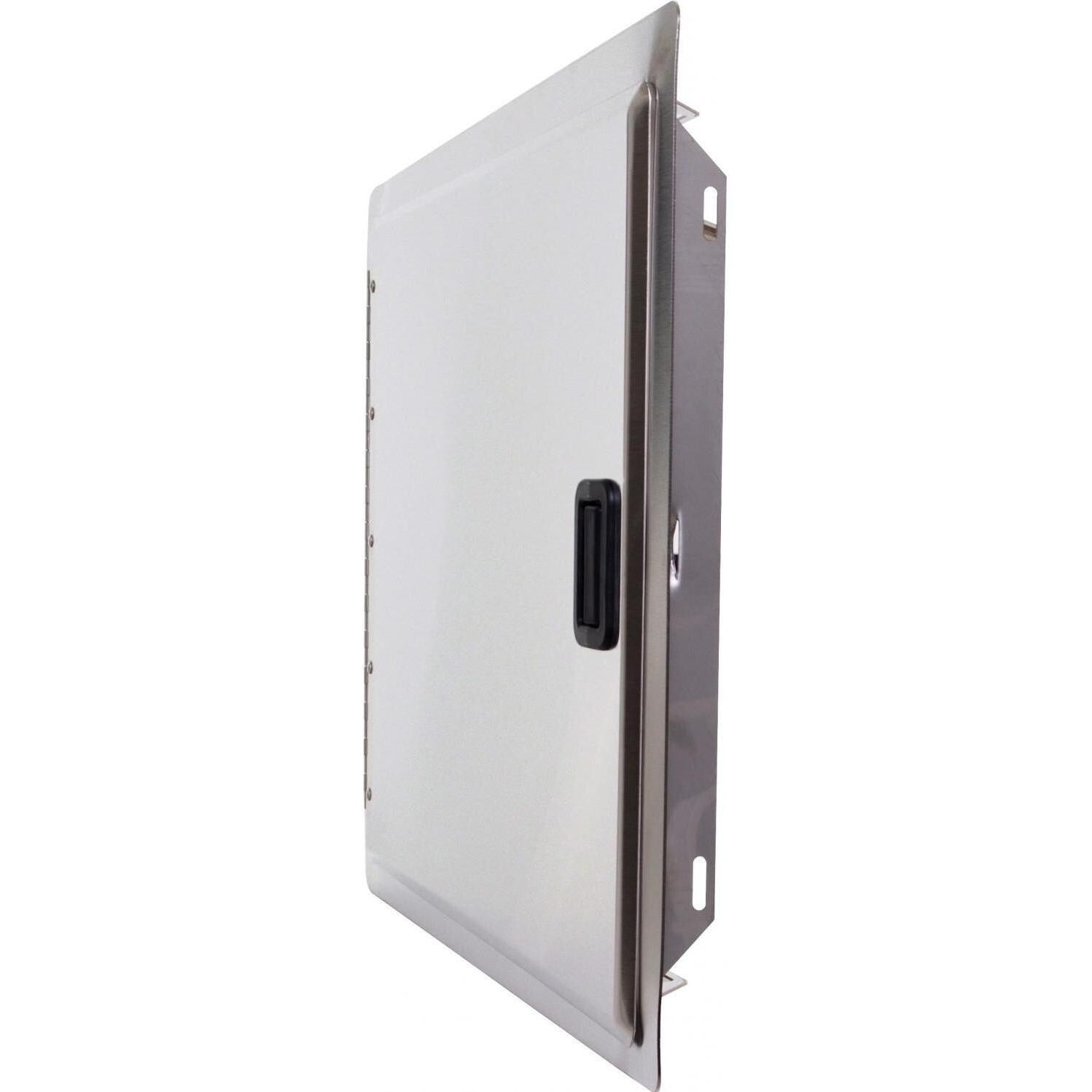 Stainless access door with recessed handle, side view of open door
