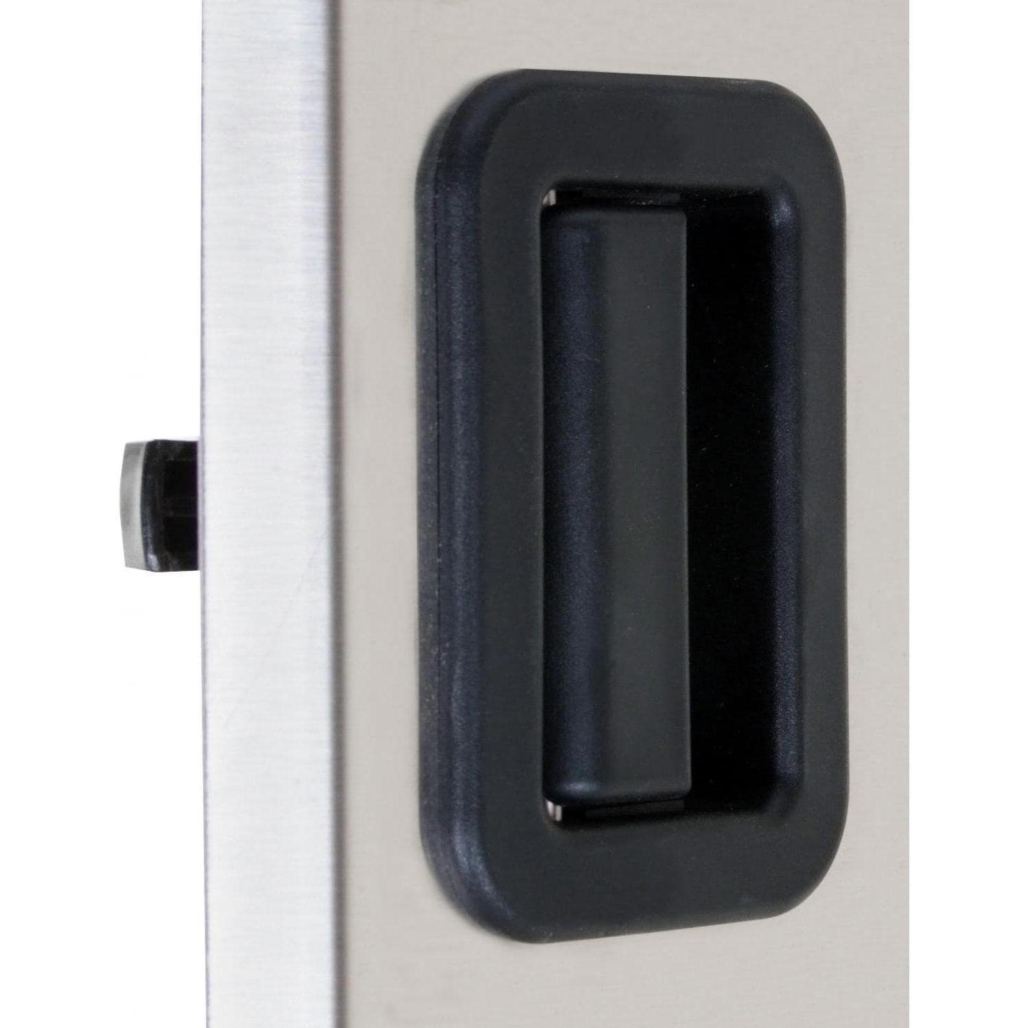 Single access door handle detail on brushed stainless panel