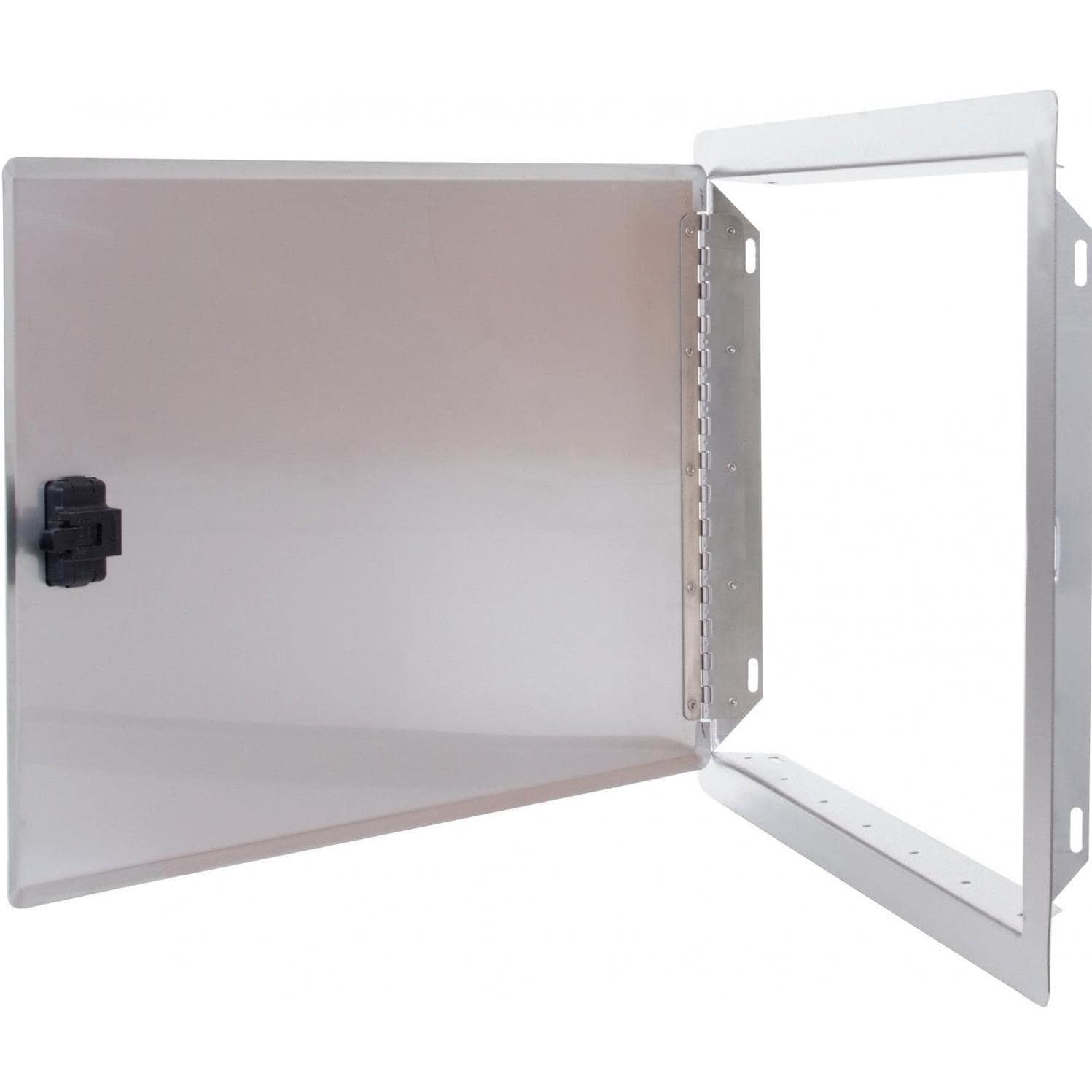 Stainless single access door with black handle, shown open to reveal interior