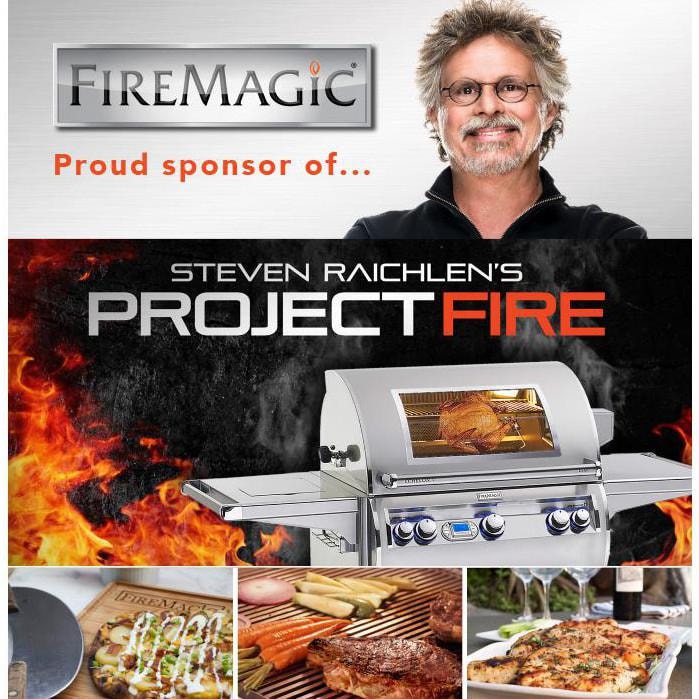 Fire Magic stainless gas grill with open hood, side shelf, and control knobs