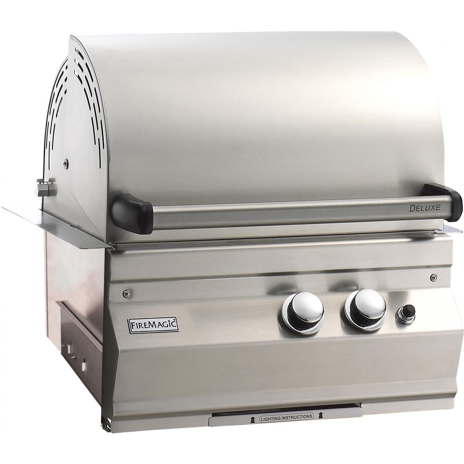 Stainless steel built-in gas grill with control knobs and open hood