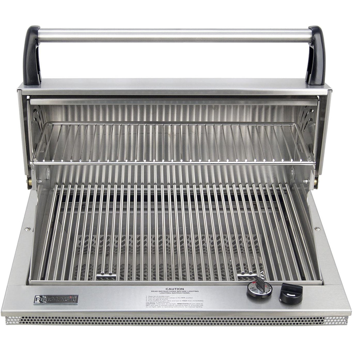 Stainless steel built-in propane grill with open lid and cooking grates