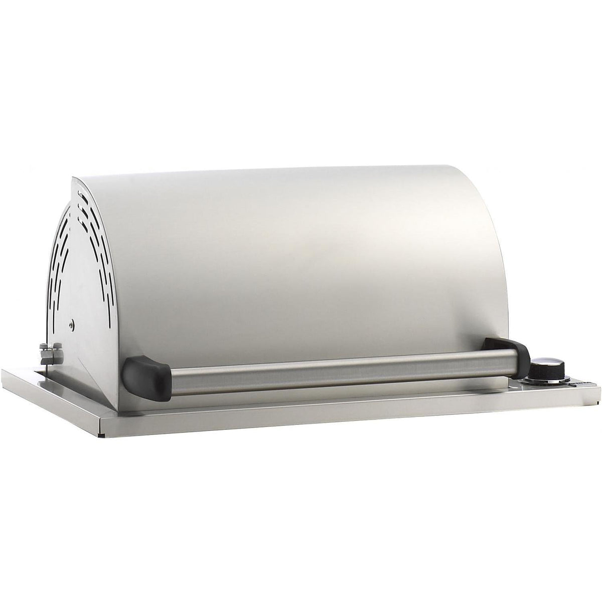 Stainless propane countertop grill with closed lid and front handle