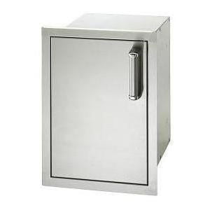 Stainless enclosed cabinet storage with hinged door and vertical handle