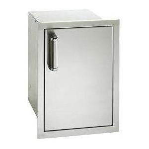 Enclosed kitchen cabinet door with vertical handle, flush-mounted storage