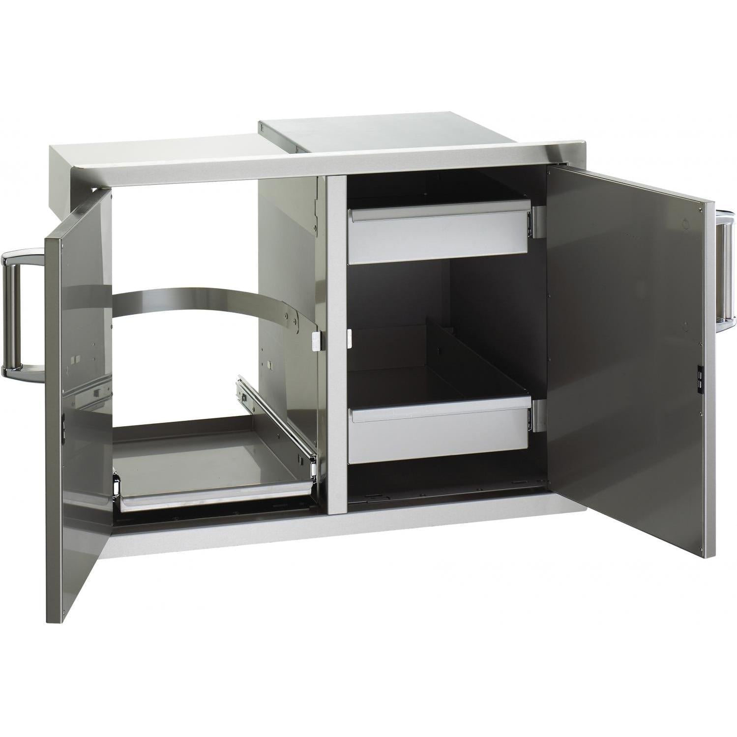 Outdoor propane tank cabinet with double doors, open drawers, and side storage shelves