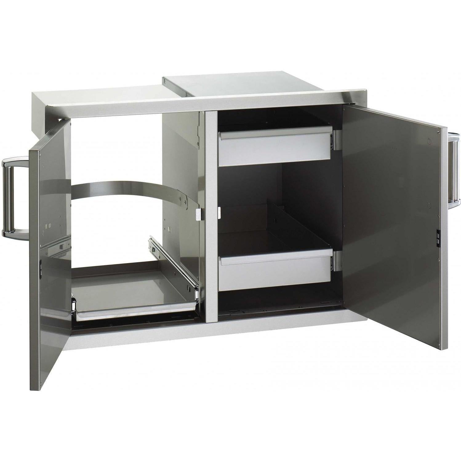 Stainless outdoor storage cabinet open, showing soft-close drawer and interior bay