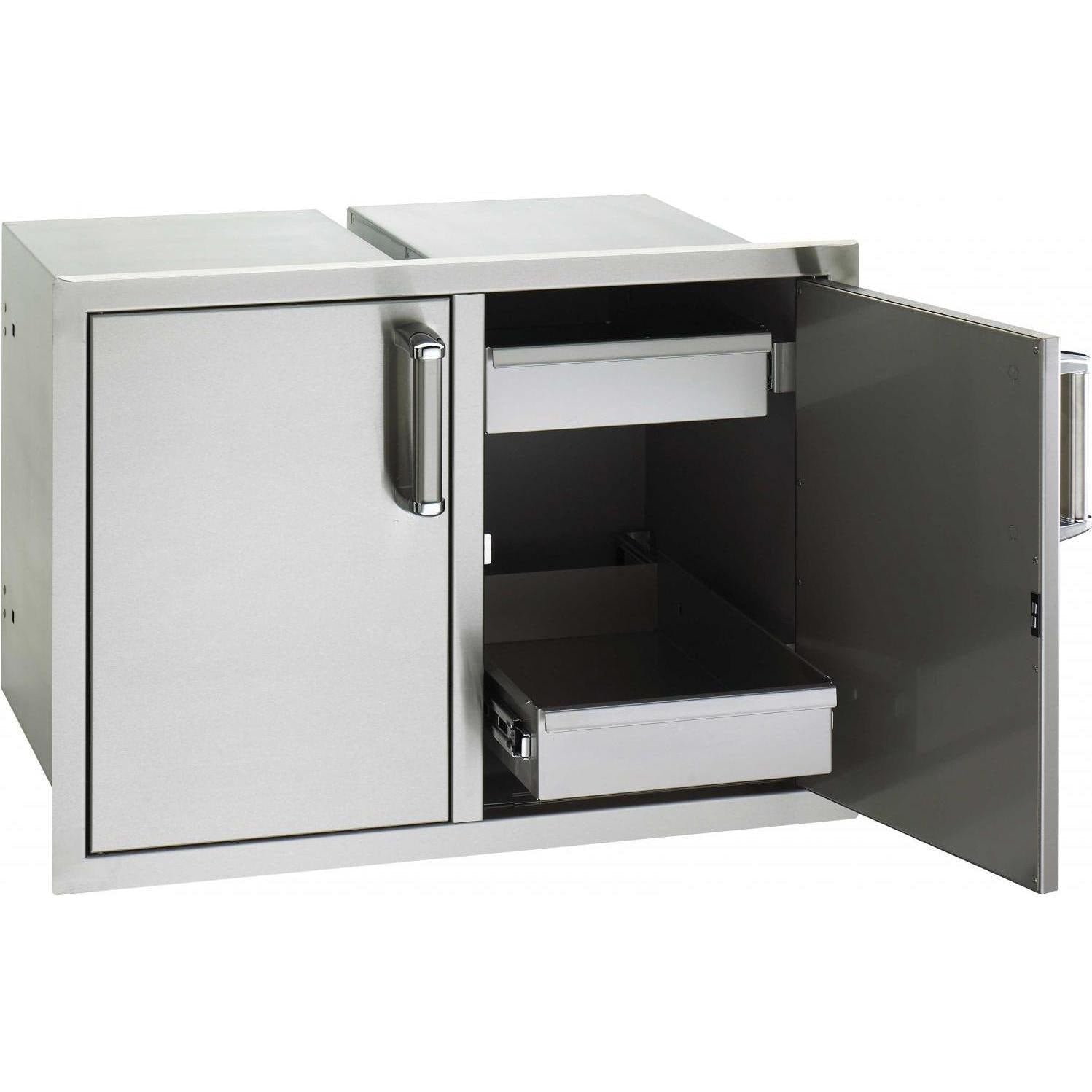 Enclosed metal storage cabinet with soft-close drawer and open double doors, light gray.